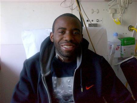 Bolton Wanderers footballer Fabrice Muamba poses for a photograph in the London Chest Hospital, March 30, 2012.  REUTERS/Fabrice Muamba/Handout