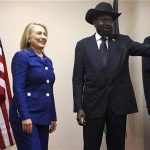 U.S. Secretary of State Hillary Clinton (L) meets with South Sudanese President Salva Kiir at the Presidential Office Building in Juba August 3, 2012. REUTERS/Jacquelyn Martin/Pool