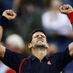 Novak Djokovic of Serbia celebrates after defeating Juan Martin Del Potro of Argentina during their men's singles quarter-finals match at the U.S. Open tennis tournament in New York, September 6, 2012. REUTERS/Adam Hunger