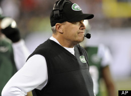 New York Jets head coach Rex Ryan reacts after quarterback Mark Sanchez fumbled and New England Patriots' Steve Gregory returned it for a touchdown during the first half of an NFL football game on Thursday, Nov. 22, 2012, in East Rutherford, N.J. (AP Photo/Bill Kostroun)