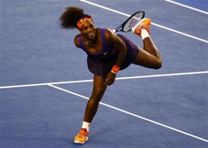 Serena Williams of the U.S. reacts during her women's singles match against Maria Kirilenko of Russia at the Australian Open tennis tournament in Melbourne January 21, 2013. REUTERS/Navesh Chitrakar