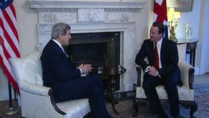 John Kerry in London for talks with David Cameron and William Hague