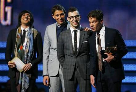 Nate Ruess (C) and Fun accept the Grammy award for song of the year for "We Are Young" at the 55th annual Grammy Awards in Los Angeles, California, February 10, 2013. REUTERS/Mike Blake