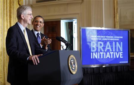 U.S. President Barack Obama is introduced by American physician-geneticist Francis Collins before his announcement of his administration's BRAIN (Brain Research through Advancing Innovative Neurotechnologies) initiative at the White House in Washington, April 2, 2013. REUTERS/Jason Reed