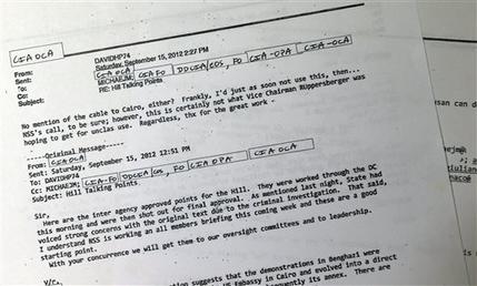 An email from then-CIA Director David Petraeus is among the 99 pages of emails regarding Benghazi released by the White House Wednesday, May 15, 2013. Petraeus objected to the final talking points that U.N. Ambassador Susan Rice used five days after the deadly assault on a U.S. diplomatic post in Benghazi, Libya. The White House on Wednesday released 99 pages of emails and a single page of hand-written notes made by Petraeus' deputy, Mike Morell, after a meeting at the White House the day before Rice's appearance.  (AP Photo/Jacquelyn Martin)