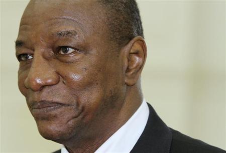 Guinea's President Alpha Conde arrives for a meeting with Cambodia's Prime Minister Hun Sen at the Council of Ministers in Phnom Penh May 25, 2012. REUTERS/Samrang Pring