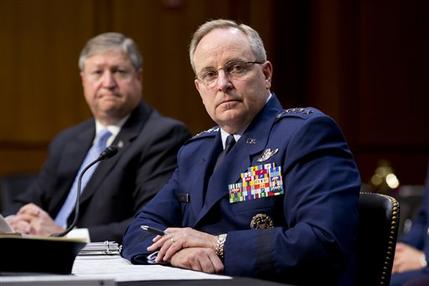 The Senate Armed Services Committee hears from top officials of the Air Force, Air Force Chief of Staff Gen. Mark A. Welsh III, right, and Secretary of the Air Force Michael B. Donley, left, during a hearing on Capitol Hill in Washington, Tuesday, May 7, 2013. Besides funding for next year's Pentagon budget, the Air Force is dealing with controversy over sexual assaults and how the military justice system handles it. (AP Photo/J. Scott Applewhite)