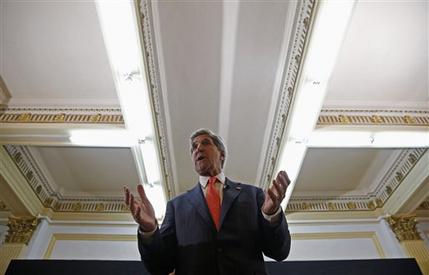 U.S. Secretary of State John Kerry addresses the audience at the start of a town hall meeting with students in Addis Ababa, Ethiopia, Sunday May 26, 2013. Kerry visited Ethiopia to mark the 50th anniversary of the African Union.  (AP Photo/Pool, Jim Young)