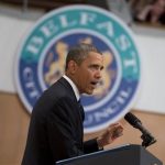 President Barack Obama gestures during a speech at the Belfast Waterfront Hall on Monday June 17, 2013, in Belfast, Northern Ireland. Obama is attending the G-8 summit in Enniskillen, Northern Ireland where leaders are expected to discuss the ongoing conflict in Syria, and free-trade issues. (AP Photo/Evan Vucci)