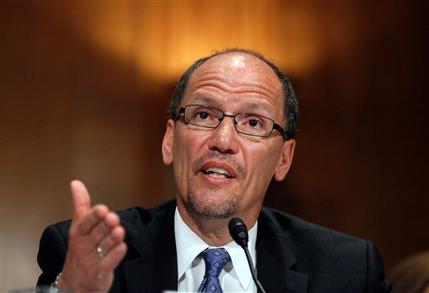 FILE - In this April 18, 2013, file photo, Labor Secretary nominee Thomas Perez testifies on Capitol Hill in Washington, before the Senate Health, Education, Labor and Pensions Committee hearing on his nomination. The Senate voted by the slimmest margin Wednesday, July 17, 2013, to end a filibuster against President Barack Obamas choice to head the Labor Department, as this weeks agreement averting a poisonous partisan clash over nominations and the chambers rules barely survived its toughest test so far. By 60-40, senators rejected Republican objections and voted to halt delaying tactics aimed at killing Perezs nomination to become labor secretary.  (AP Photo/Molly Riley, File)