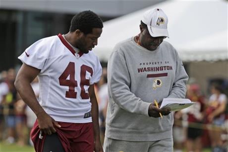 Running backs coach Bobby Turner, right, talks with Washington Redskins running back Alfred Morris (46)