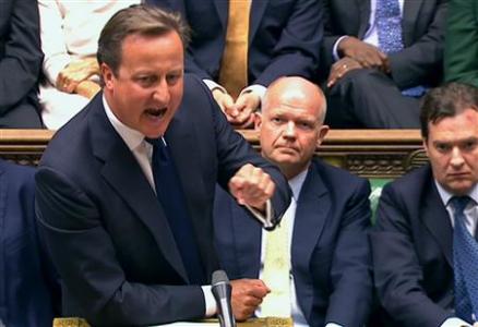 Britain's Prime Minister David Cameron is seen addressing the House of Commons in this still image taken from video in London