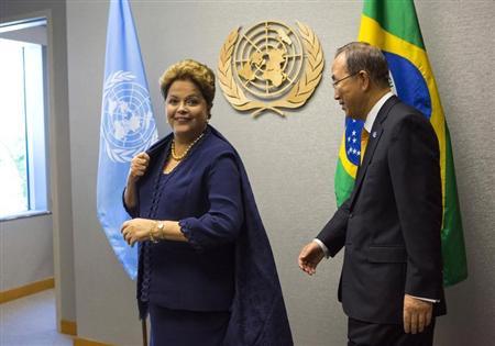 U.N. Secretary-General Ban arrives with Brazil's President Rousseff during the U.N. General Assembly in New York