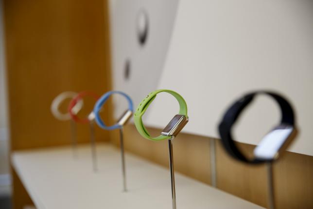 Bands for the Apple Watch are seen for sale at Apple's flagship retail store in San Francisco