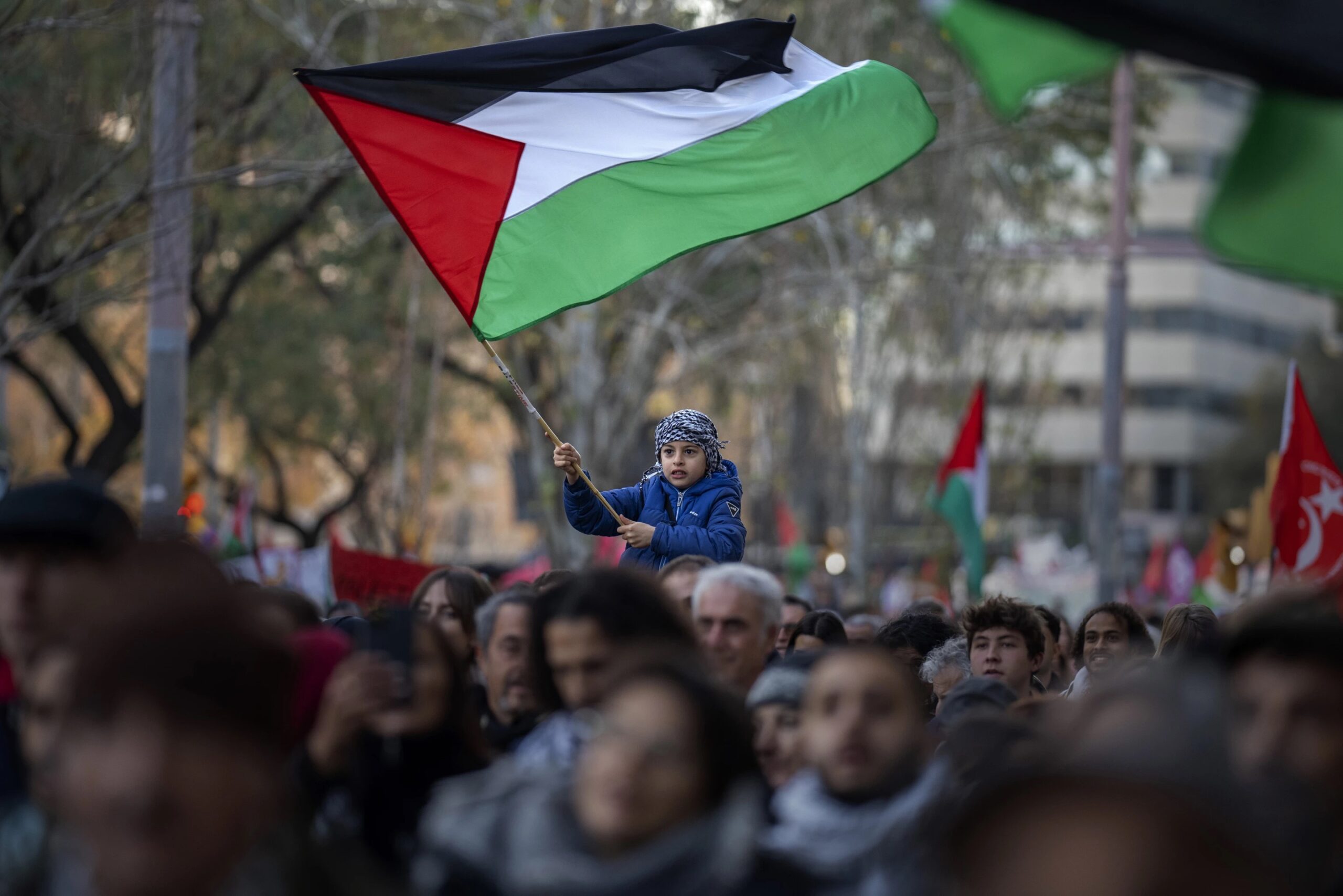 A boy waves a Palestinian flag as demonstrators march during a protest in support of Palestinians and calling for an immediate ceasefire in Gaza, in Barcelona, Spain, on Jan. 20, 2024. European Union countries Spain and Ireland as well as Norway on Wednesday announced dates for recognizing Palestine as a state. 
