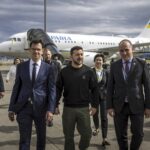 Ukraine’s President Volodymyr Zelenskyy, center, is accompanied after his arrival by Felix Baumann, Ambassador of Switzerland to Ukraine, centre left, Iryna Wenediktowa, Ukrainian Ambassador to Switzerland, second from right, and Manuel Irman, Deputy Head of Swiss Protocol, right, at Zurich airport in Zurich Kloten, Switzerland, Friday, June 14, 2024. (Michael Buholzer/Keystone via AP)