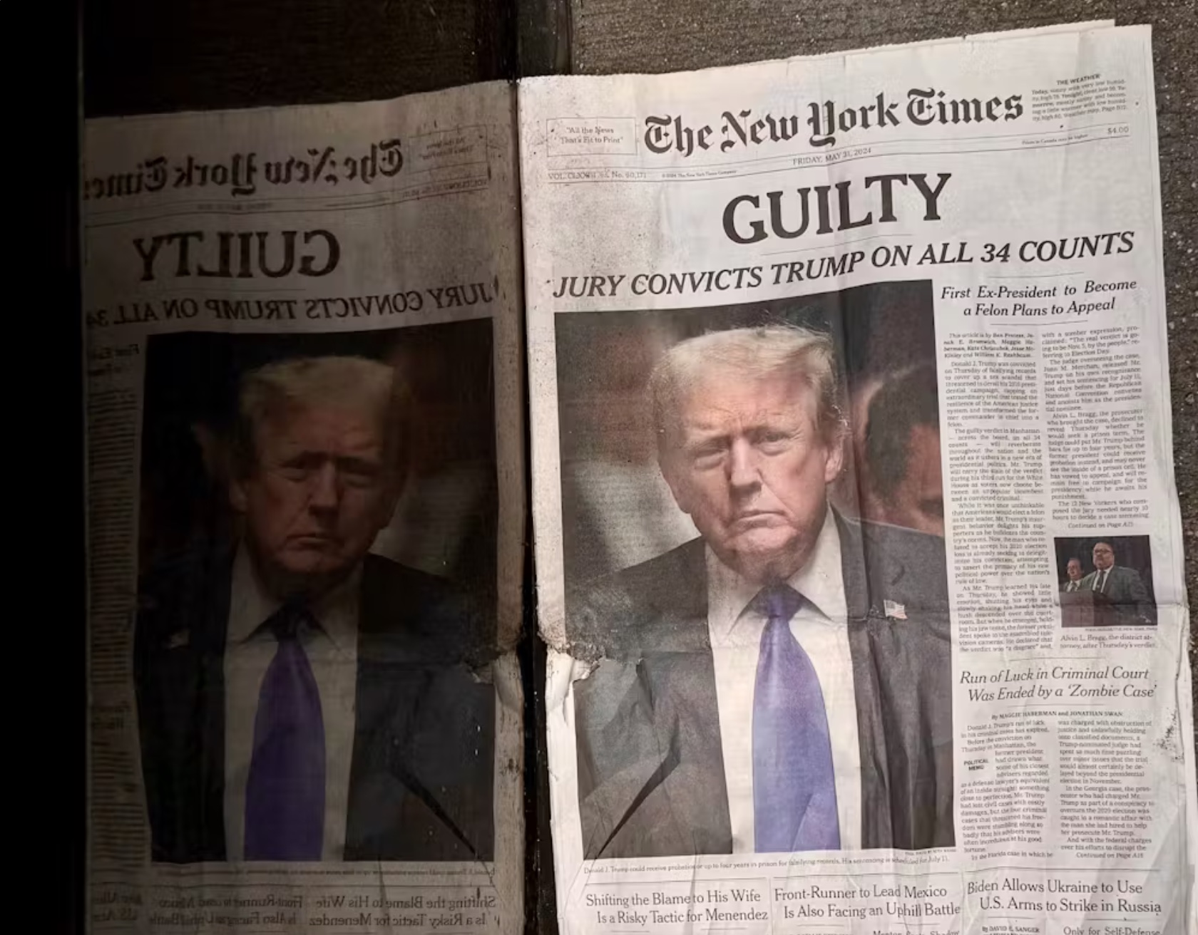 A newspaper with Donald Trump on the front page after the guilty verdict in his hush money trial. 