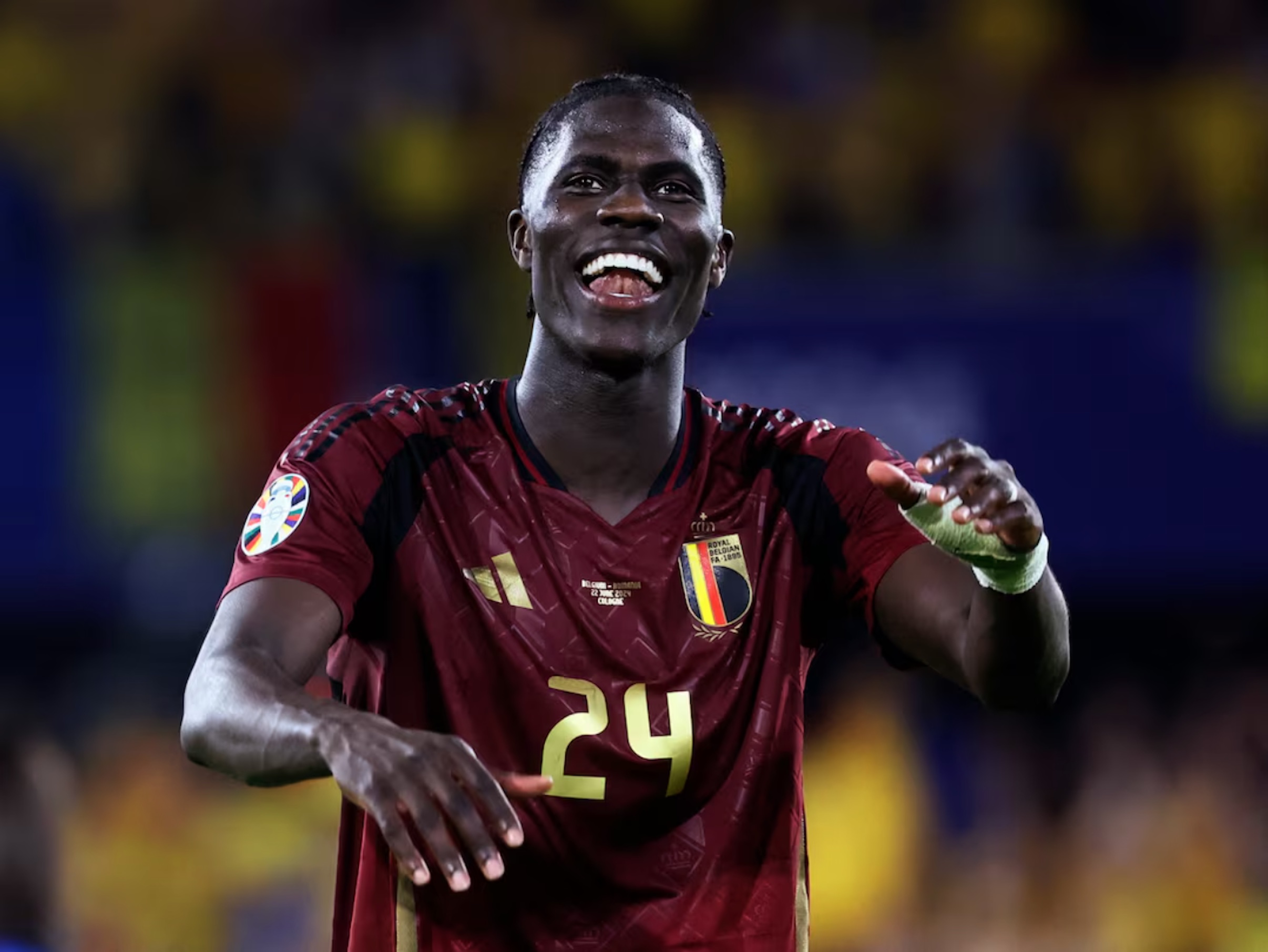 Soccer Football - Euro 2024 - Group E - Belgium v Romania - Cologne Stadium, Cologne, Germany - June 22, 2024 Belgium's Amadou Onana celebrates after the match