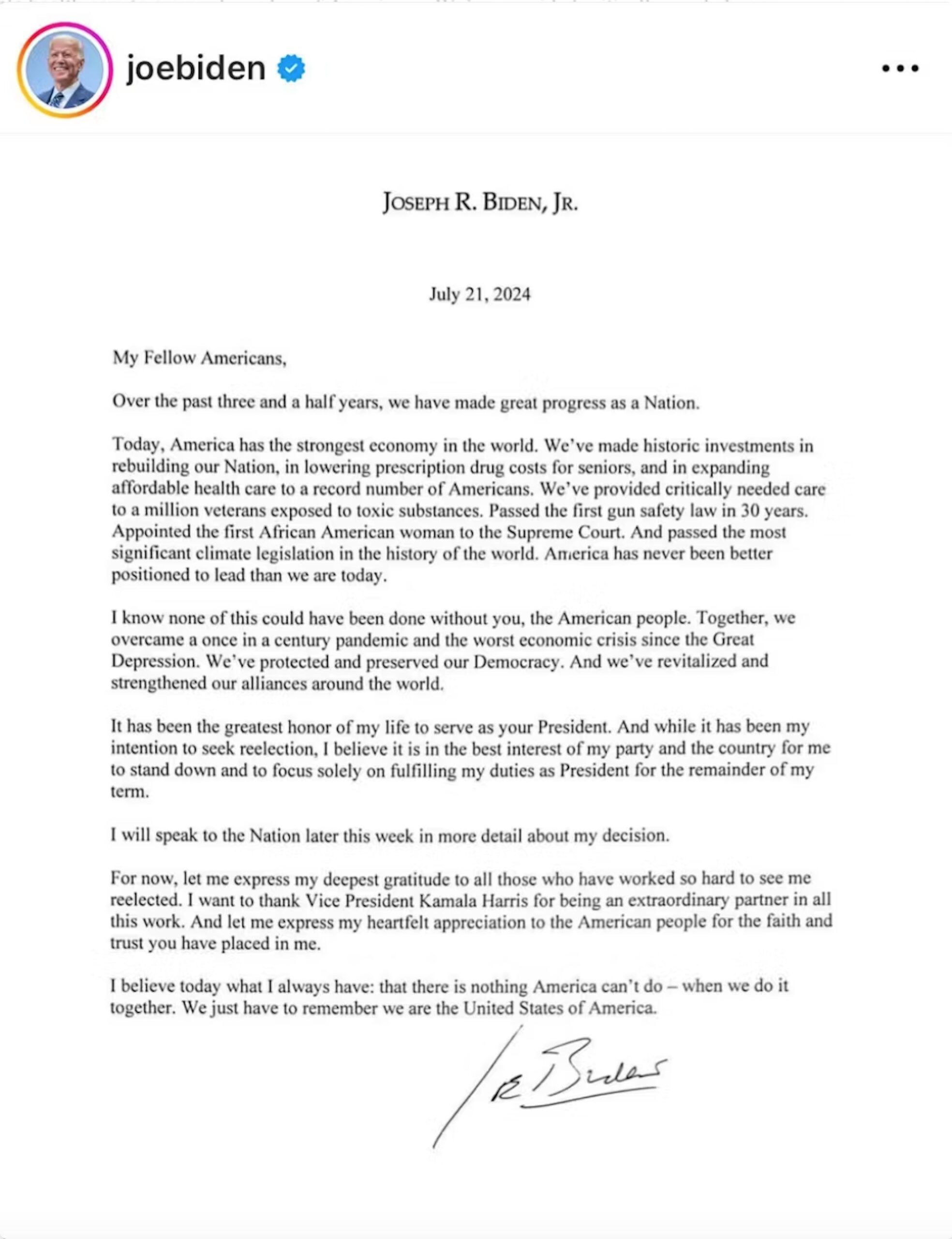 President’s Biden statement on his intention to drop out of the presidential race, writing that it’s ‘in the best interest of my party and the country for me to stand down.’ X.com