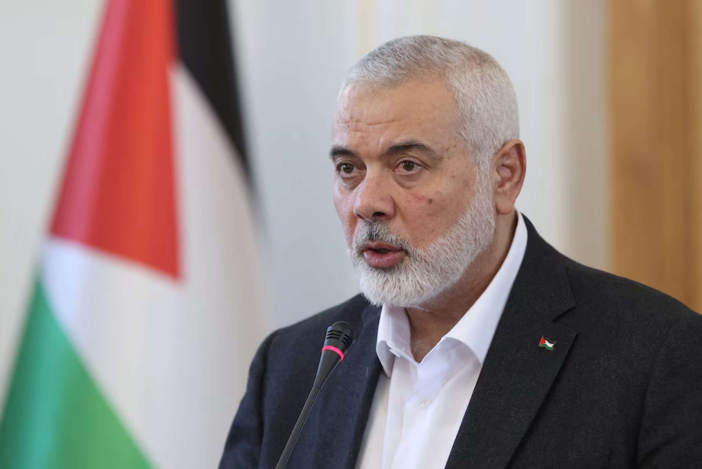 Palestinian group Hamas' top leader, Ismail Haniyeh speaks during a press conference in Tehran, Iran, March 26, 2024. 