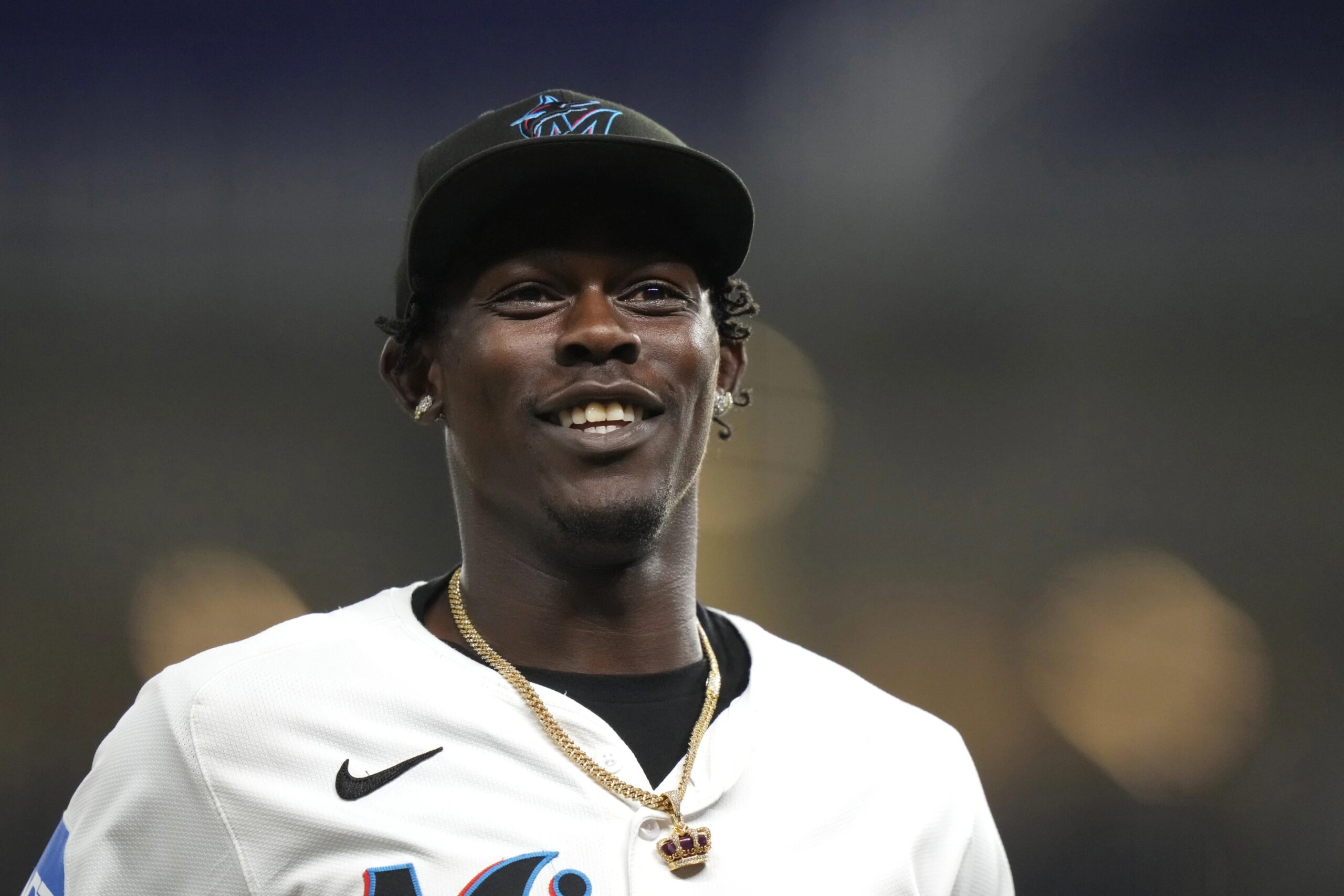 Miami Marlins’ Jazz Chisholm Jr. walks from the field to the dugout during the seventh inning of a baseball game against the New York Mets