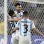 Argentina’s Lionel Messi is congratulated after scoring his side’s second goal against Canada during a Copa America semifinal soccer match in East Rutherford, N.J., Tuesday, July 9, 2024.