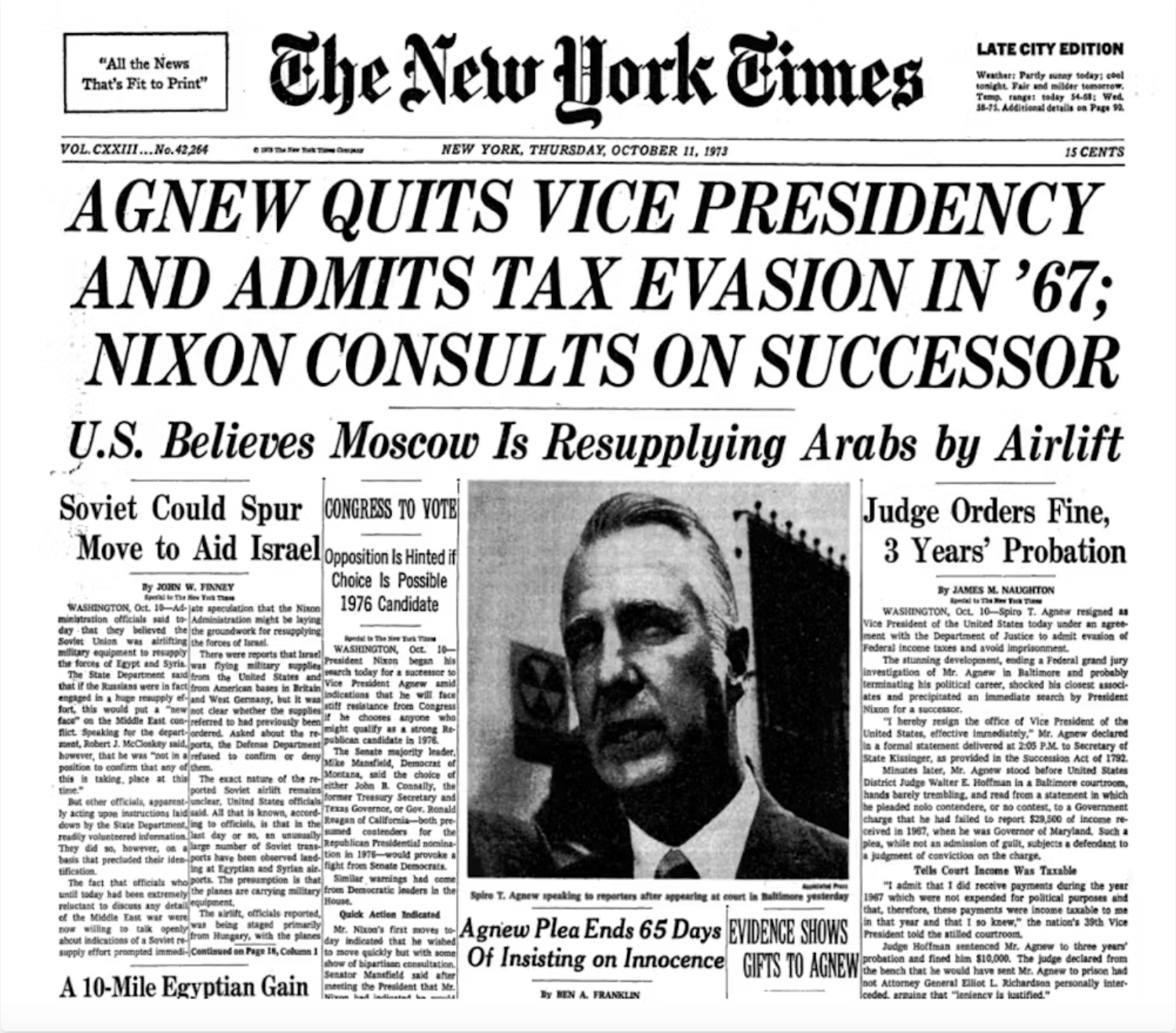 The New York Times on Oct. 11, 1973, announcing Vice President Spiro Agnew’s resignation. New York Times archive