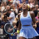 Coco Gauff, of the United States, reacts after defeating Elina Svitolina, of Ukraine, during the third round of the U.S. Open tennis championships, Friday, Aug. 30, 2024, in New York. (AP Photo/Seth Wenig)