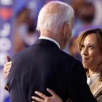 Vice President Kamala Harris greets President Joe Biden on the first day of the Democratic National Convention in Chicago on Aug. 19, 2024.