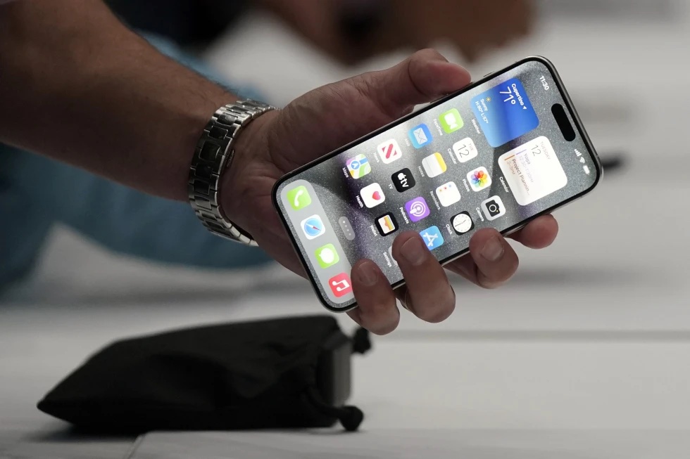 The iPhone 15 Pro is shown after its introduction on the Apple campus