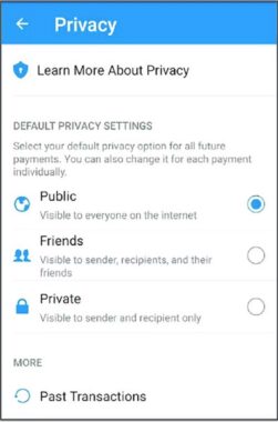 Venmo’s privacy settings screen. 
