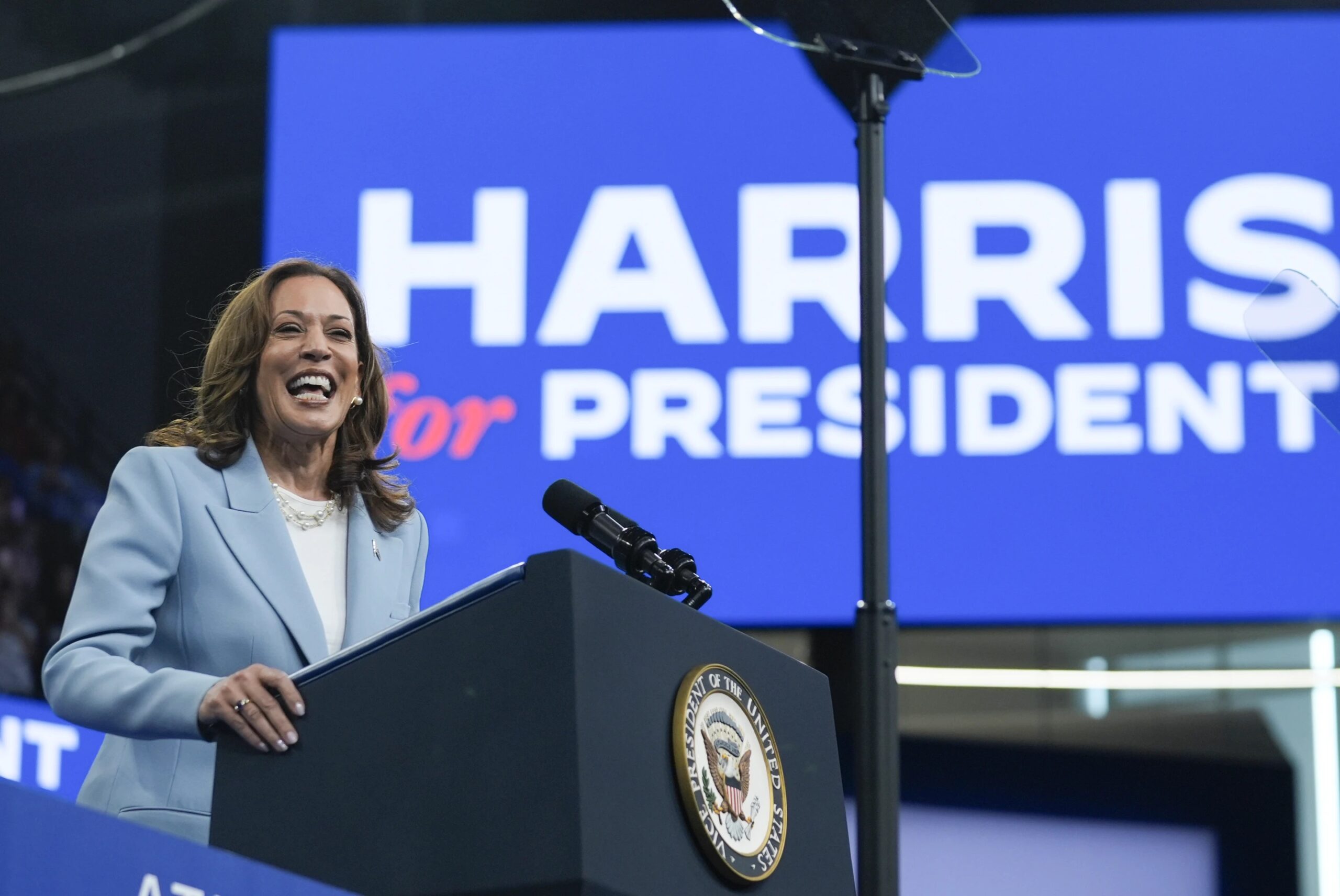 Vice President Kamala Harris speaks during a campaign rally,