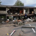 A flood damaged building left by tropical depression Helene is seen in Newport, Tenn., Saturday, Sept. 28, 2024.