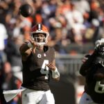 Cleveland Browns quarterback Deshaun Watson (4) throws a pass in the first half of an NFL football game against the Dallas Cowboys in Cleveland, Sunday, Sept. 8, 2024.