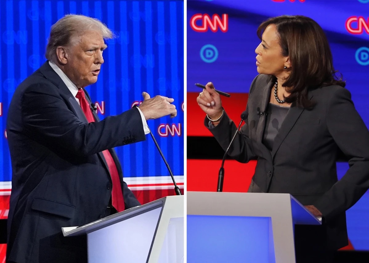 This combination photo shows Republican presidential candidate former President Donald Trump speaking during a presidential debate, June 27, 2024, in Atlanta, left, and Sen. Kamala Harris, D-Calif., speaking during a Democratic presidential primary debates, July 31, 2019, in Detroit. 