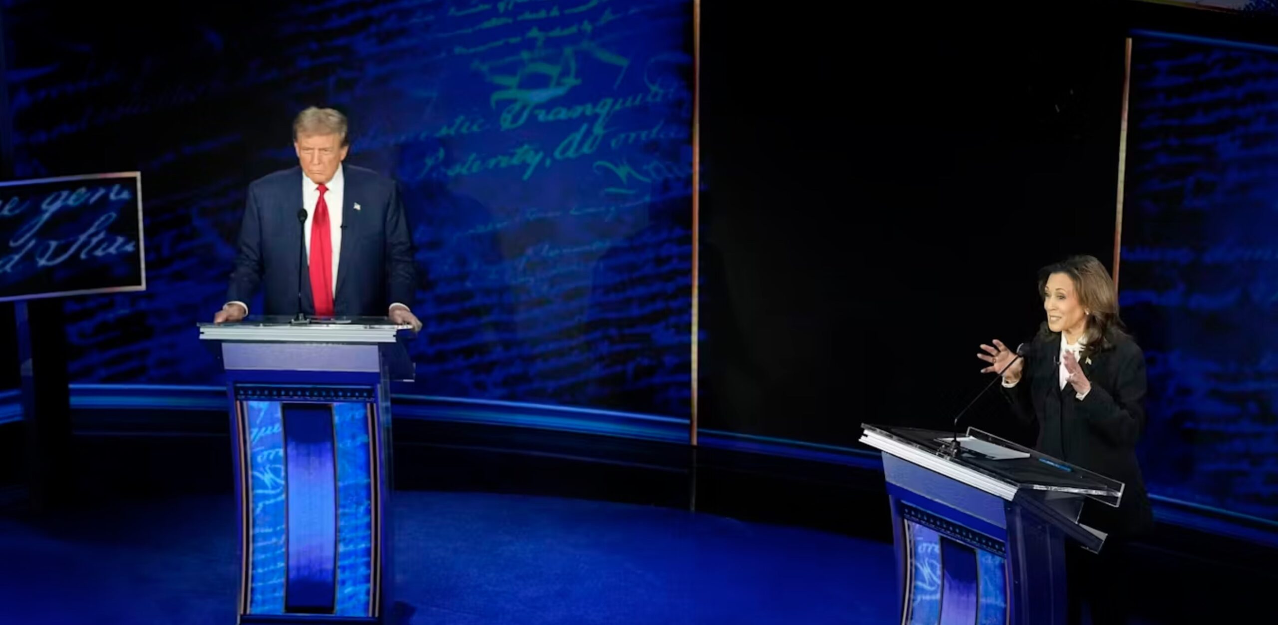 Former President Donald Trump, left, and Vice President Kamala Harris debate on Sept. 10, 2024. AP Photo/Alex Brandon