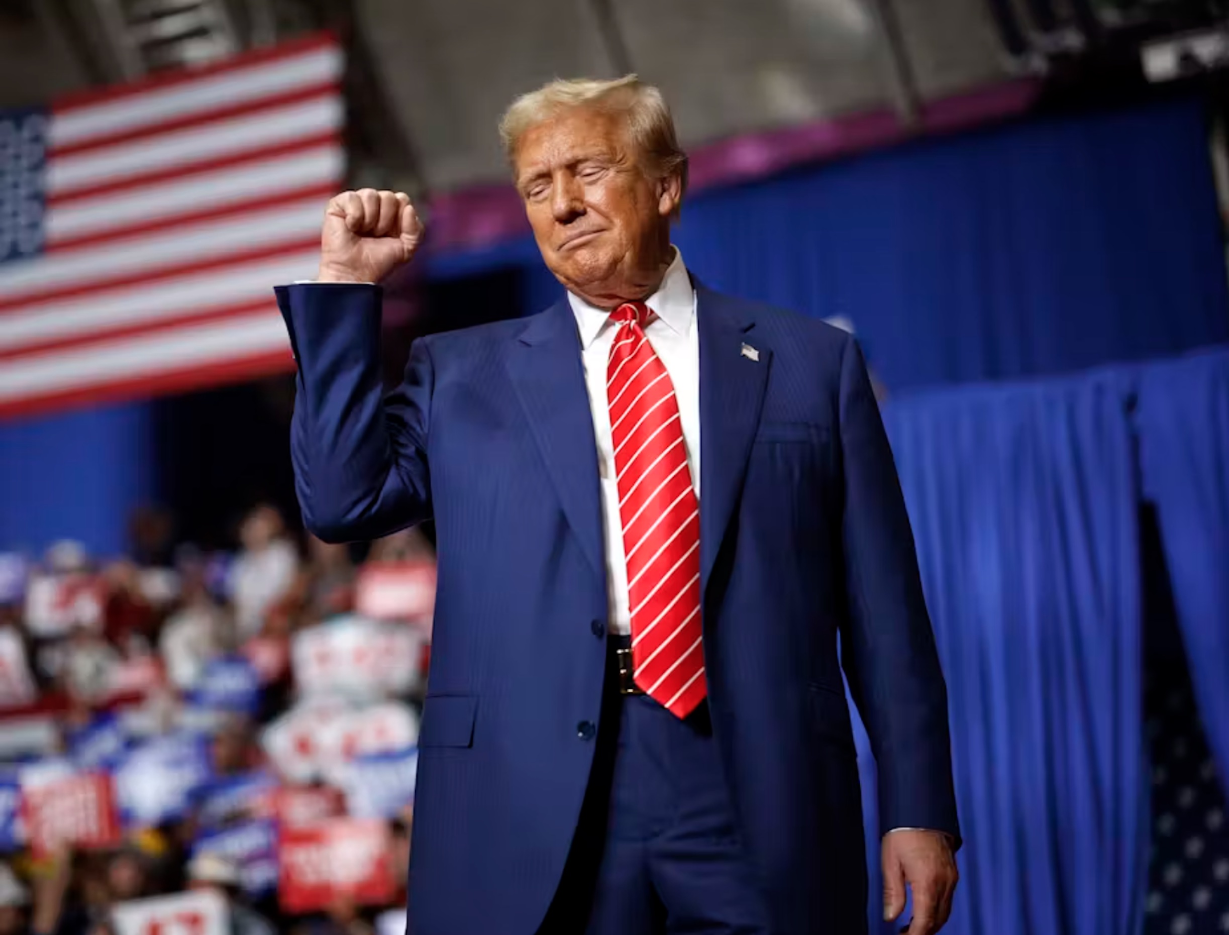 Former U.S. President Donald Trump takes the stage during a campaign rally in Johnstown, Pa., on Aug. 30, 2024. 