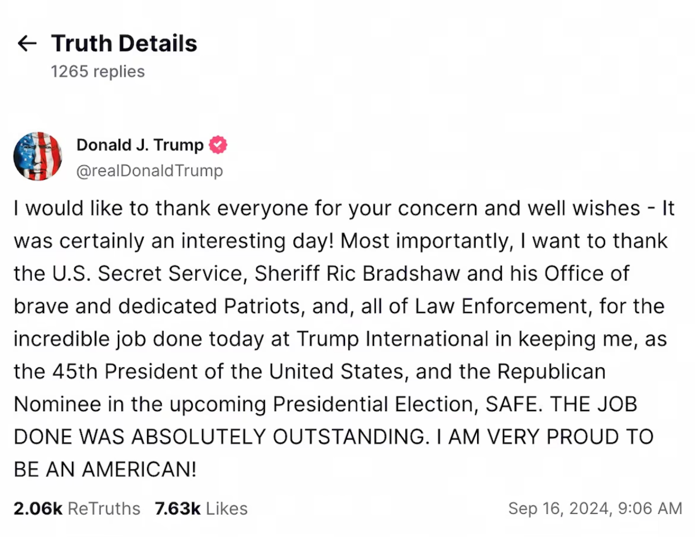 A screengrab shows Republican presidential nominee and former U.S. President Donald Trump's first post on his Truth Social account following what the FBI said was an apparent assassination attempt on Trump in Florida, September 15, 2024. 