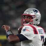 Sep 19, 2024; East Rutherford, New Jersey, USA; New England Patriots quarterback Jacoby Brissett (7) pre game against the New York Jets at MetLife Stadium.