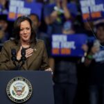 Democratic presidential nominee and U.S. Vice President Kamala Harris gestures onstage during a campaign event, in Las Vegas, Nevada, U.S., September 29, 2024.