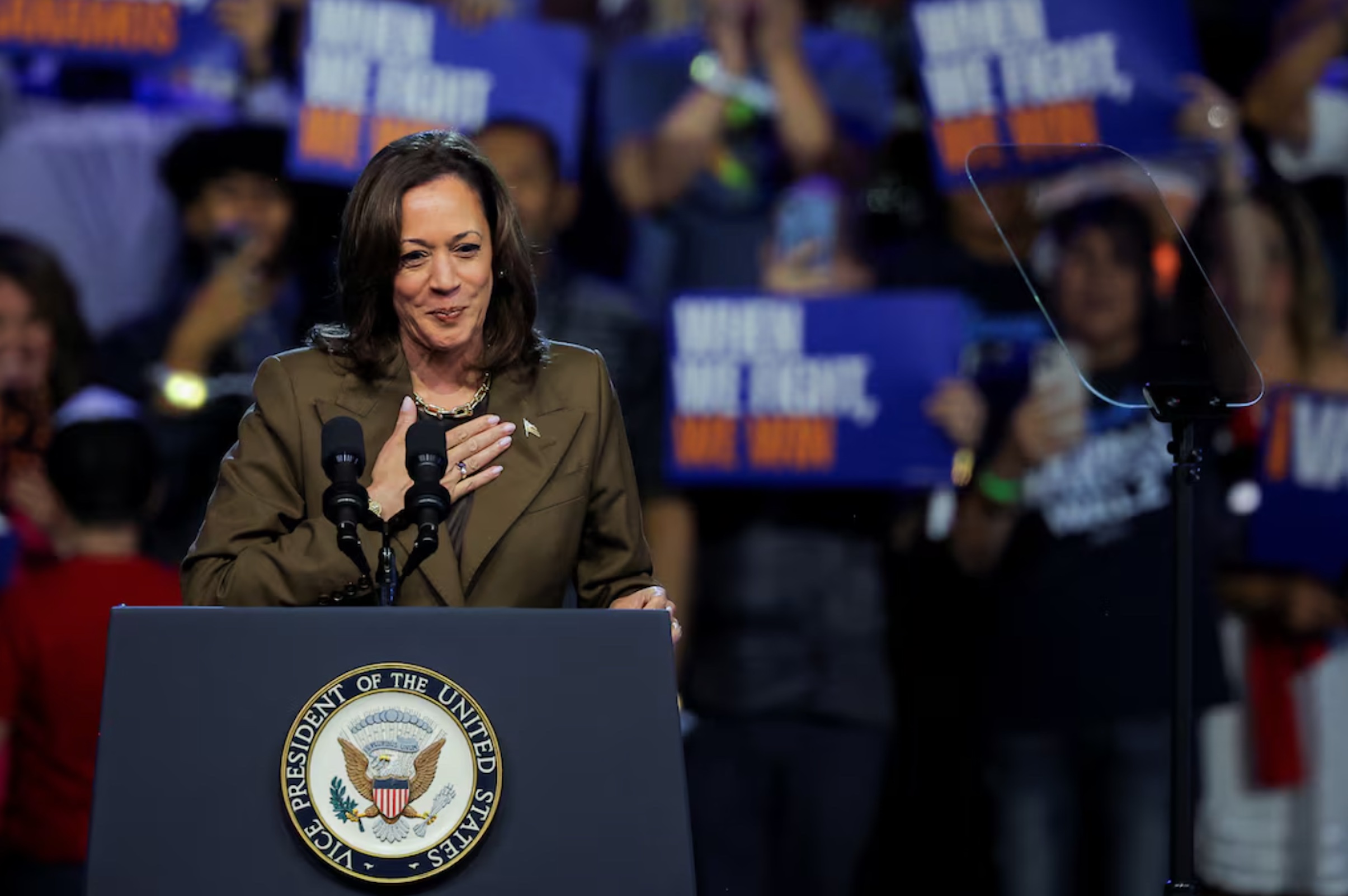 Democratic presidential nominee and U.S. Vice President Kamala Harris gestures onstage during a campaign event, in Las Vegas, Nevada, U.S., September 29, 2024. 