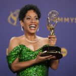 Liza Colon-Zayas poses in the press room with the award for outstanding supporting actress in a comedy series for “The Bear during the 76th Primetime Emmy Awards on Sunday, Sept. 15, 2024, at the Peacock Theater in Los Angeles.