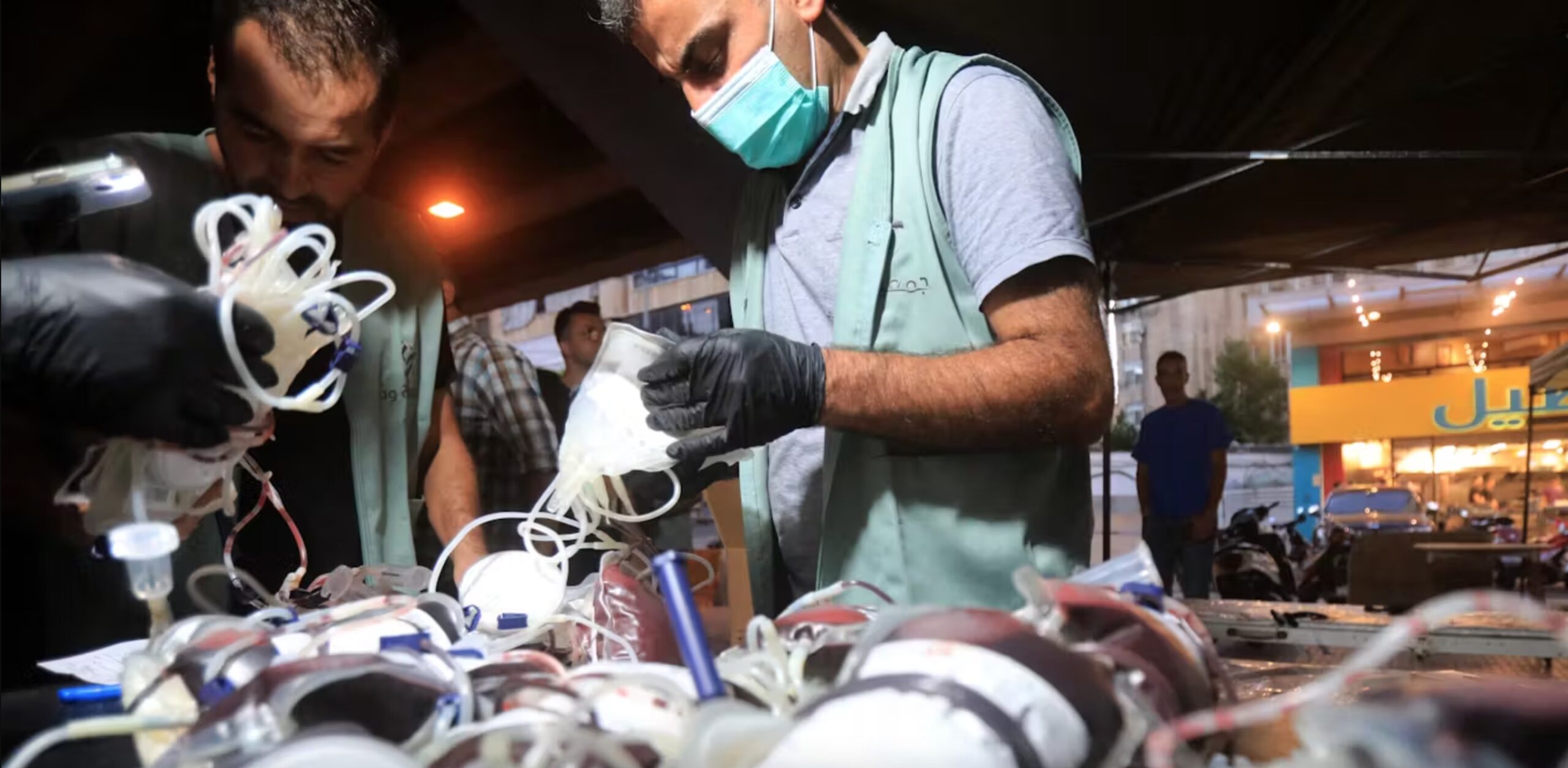 Medics collect blood in Beirut on Sept. 17, 2024. 