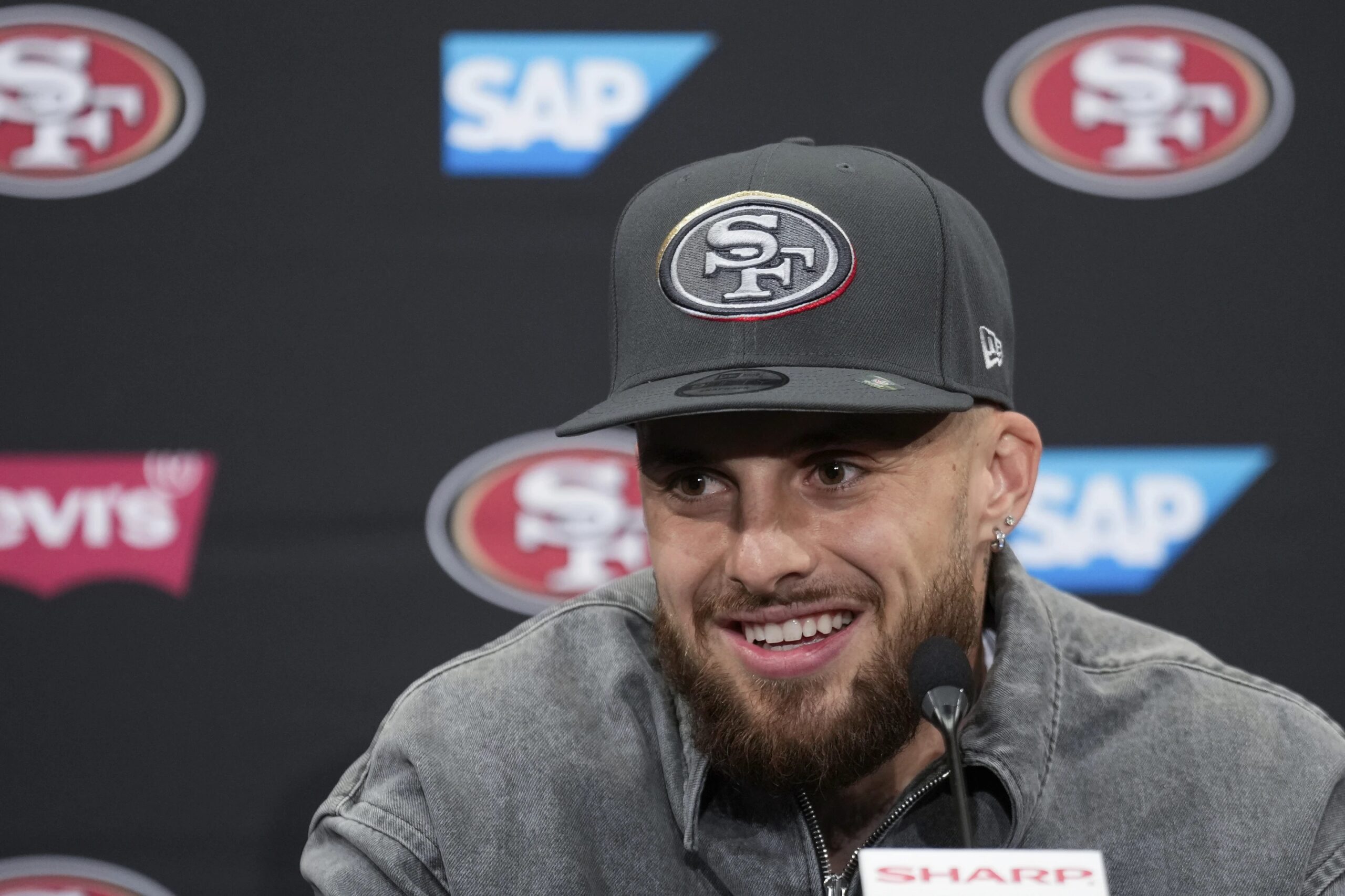 FILE - San Francisco 49ers first round draft pick Ricky Pearsall speaks at an NFL football news conference, April 26, 2024, at the team’s facility in Santa Clara, Calif. (AP Photo/Godofredo A. Vásquez, File)