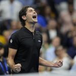 Taylor Fritz, of the United States, reacts after defeating Frances Tiafoe, of the United States, during the men’s singles semifinals of the U.S. Open tennis championships, Friday, Sept. 6, 2024, in New York.