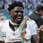 Miami Dolphins wide receiver Tyreek Hill gestures after an NFL football game against the Jacksonville Jaguars, Sunday, Sept. 8, 2024, in Miami Gardens, Fla.