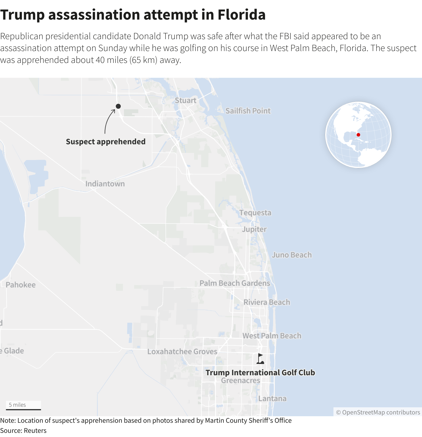 A map showing the location of Trump's golf club and the location where police apprehended the suspect about 40 miles away.