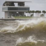 The St. Pete Pier is pictured among high winds and waves as Hurricane Helene makes its way toward the Florida panhandle, passing west of Tampa Bay, Thursday, Sept. 26, 2024 in St. Petersburg, Fla.