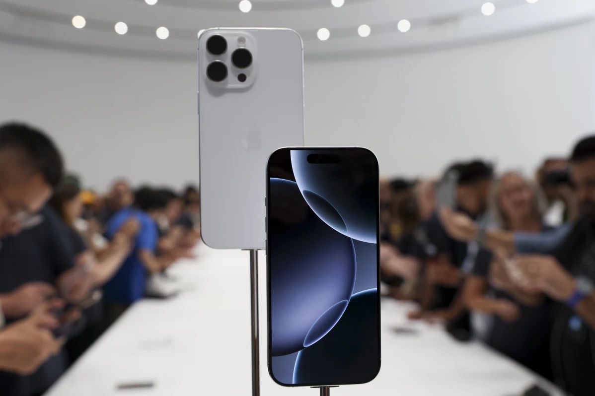 The new iPhone 16 is displayed during an announcement of new products at Apple headquarters Monday, Sept. 9, 2024, in Cupertino, Calif. 