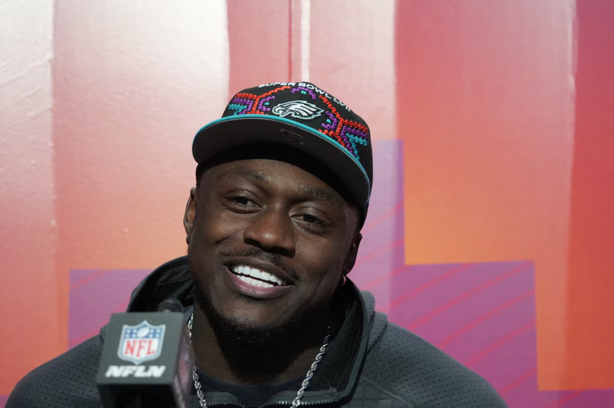 Philadelphia Eagles wide receiver A.J. Brown (11) speaks with. media during Super Bowl Opening Night at Footprint Center.